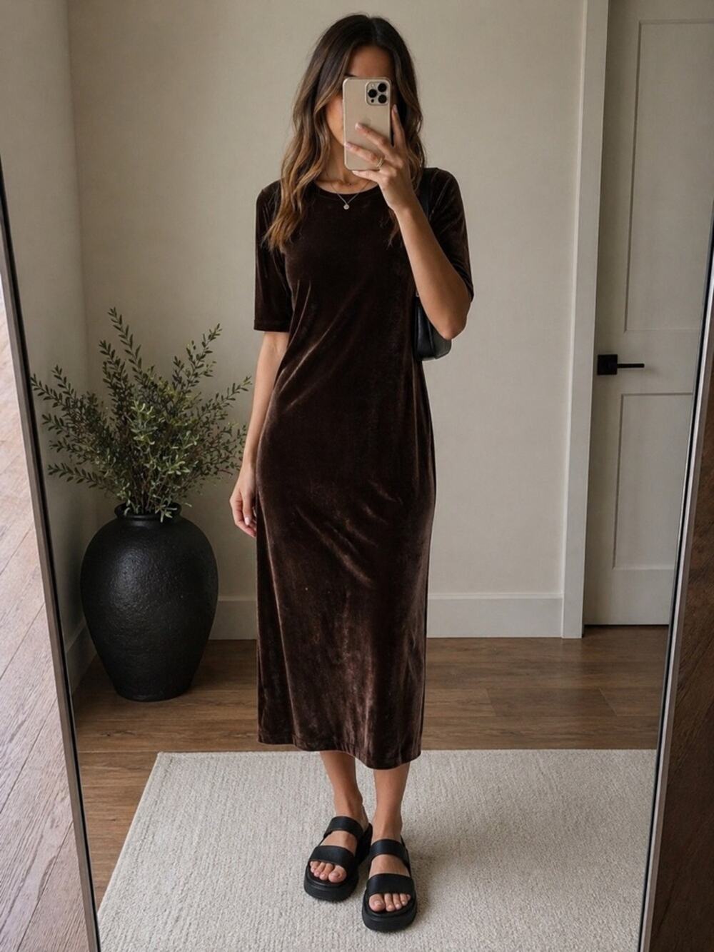 Vintage 90s Herman Geist Brown Velvet Midi Dress Soft Luxe Minimalist Soft Luxe